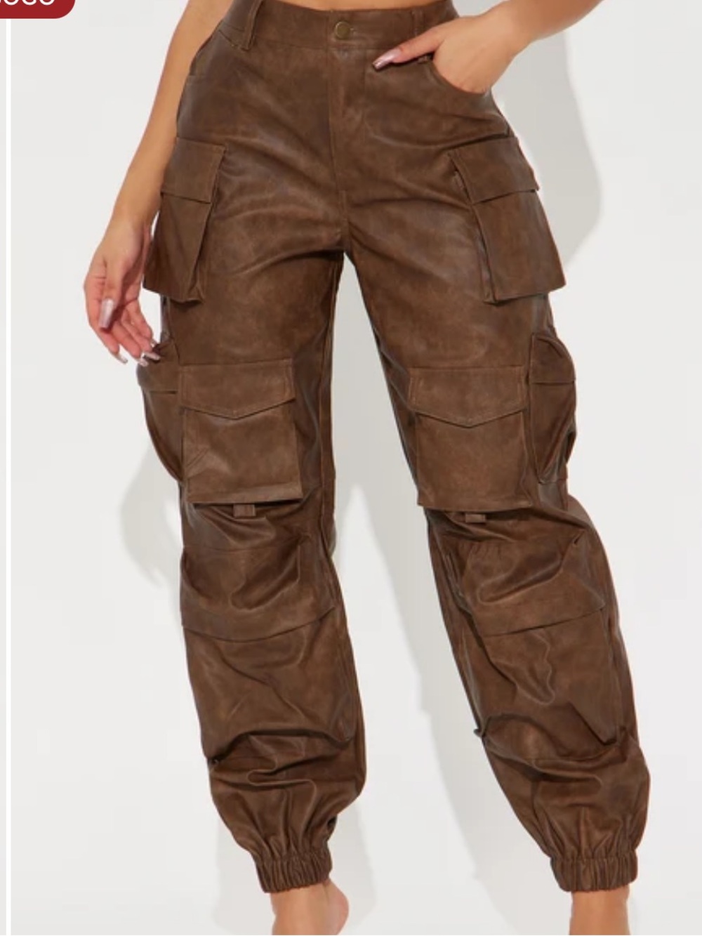 Women’s Brown Faux Leather Cargo Pocket Jogger Tapered Pants L Streetwear Grunge - Picture 1 of 8
